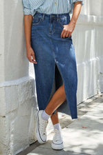 Load image into Gallery viewer, Slit Raw Hem Midi Denim Skirt
