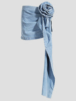 Load image into Gallery viewer, Flower Trim Ruched Denim Skirt
