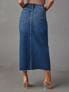 Slit Raw Hem Midi Denim Skirt