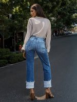 Load image into Gallery viewer, Stepped Waist Raw Hem Rolled Straight Jeans
