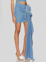 Load image into Gallery viewer, Flower Trim Ruched Denim Skirt
