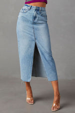 Load image into Gallery viewer, Slit Raw Hem Midi Denim Skirt
