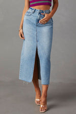 Load image into Gallery viewer, Slit Raw Hem Midi Denim Skirt
