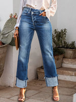 Load image into Gallery viewer, Stepped Waist Raw Hem Rolled Straight Jeans
