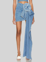 Load image into Gallery viewer, Flower Trim Ruched Denim Skirt
