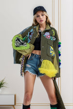 Load image into Gallery viewer, Sequin Patchwork Zip Up Dropped Shoulder Jacket
